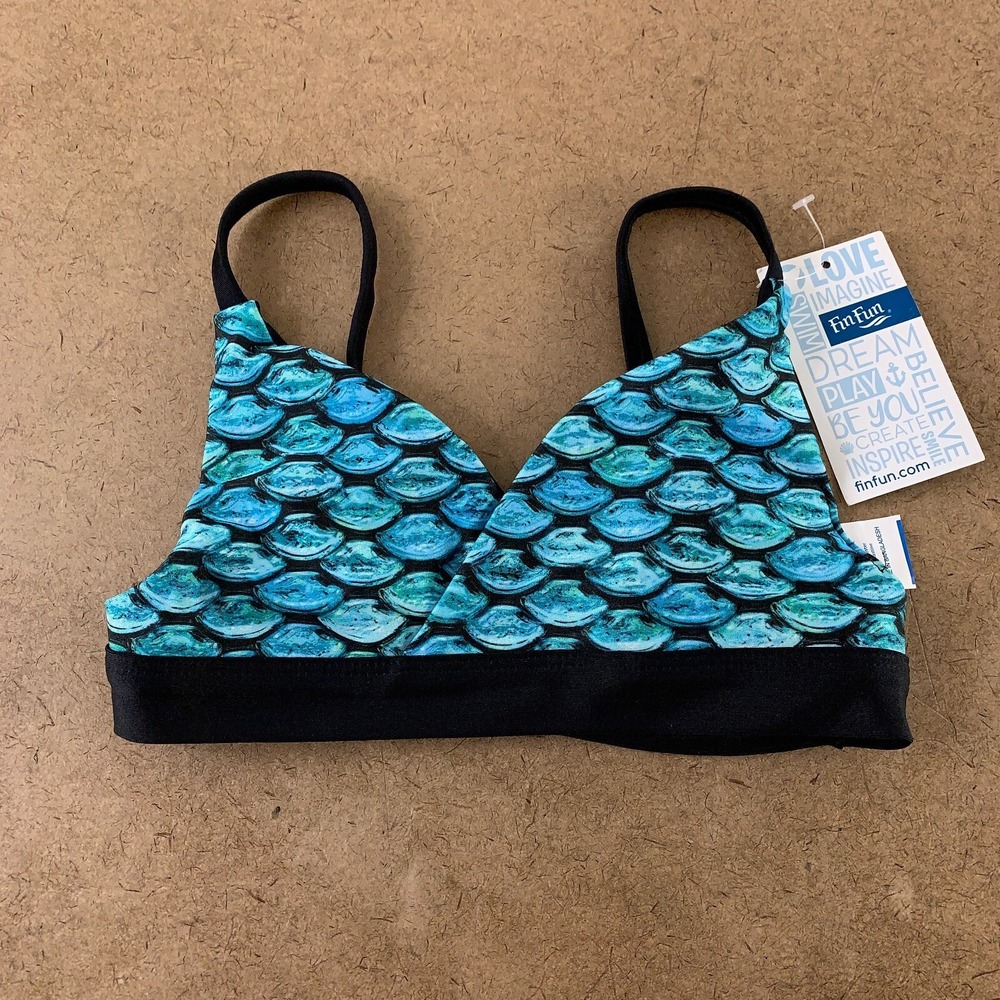 Fin Fun Girls Size Small Tidal Teal Black Reversible Bikini Top NWT